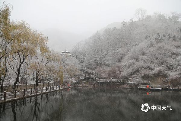 山东济南九如山风景区雪花飞舞银装素裹