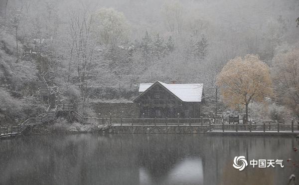 山东济南九如山风景区雪花飞舞银装素裹