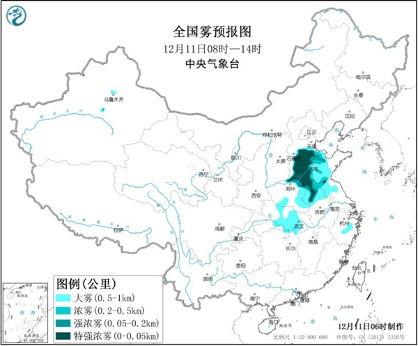 大雾黄色预警 河北山东河南安徽局地有强浓雾