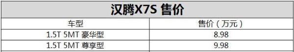 汉腾X7S新增车型上市 售价8.98-9.98万元