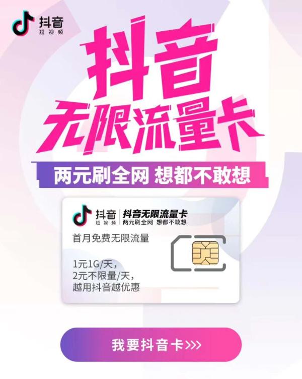中国电信联合抖音推出无限流量卡：月租5元 2元全天不限量