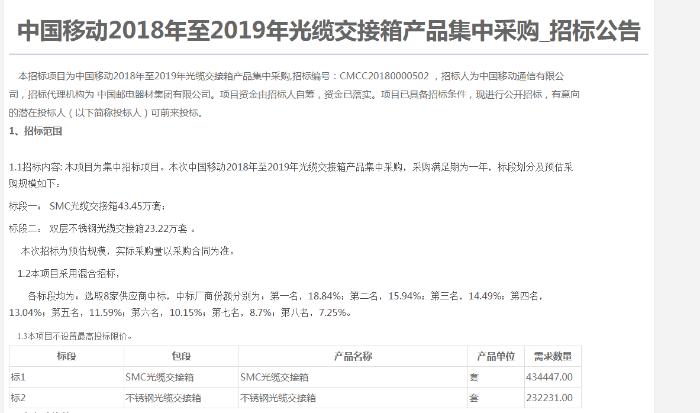 中国移动启动2018-2019年光缆交接箱集采：规模超66万套