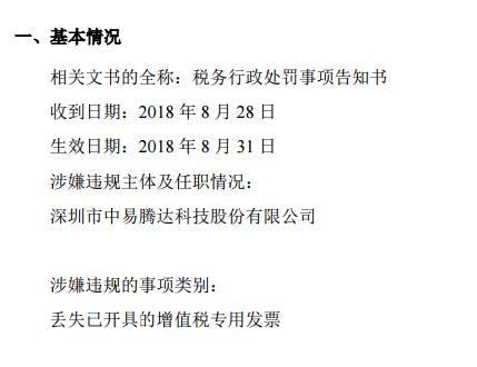 中易腾达丢失已开具的增值税专用发票 被罚款1万元