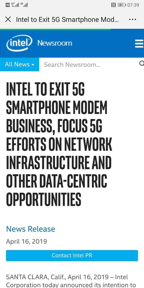 英特尔宣布退出5G智能手机基带芯片业务