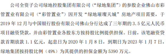 绿地控股全资子公司的参股企业3.5亿元融资贷款提供担保