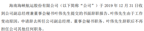 海峡股份副总经理兼董事会秘书叶伟辞职 2018年薪酬为40万元