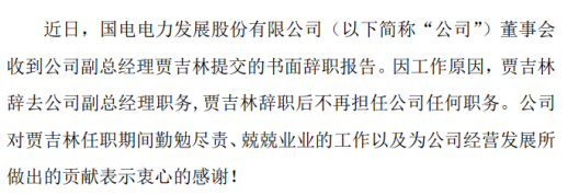 国电电力副总经理贾吉林辞职