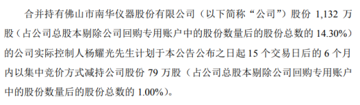 南华仪器股东杨耀光拟减持股份不超过79万股 预计占总股本1%