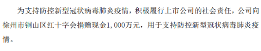 维维股份向徐州市铜山区红十字会捐赠现金1000万元