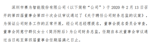 赛为智能董事会同意宁群仪为公司财务总监