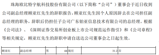 欧比特副总经理顾亚红辞职 2018年薪酬为31万元