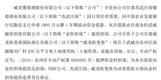 ST威龙为全资孙公司1800万元银行贷款对外提供反担保