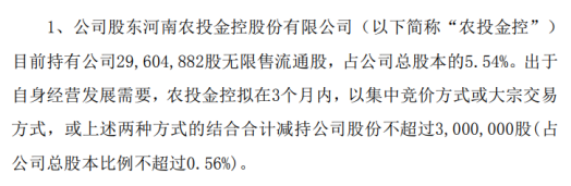 华英农业股东农投金控拟减持股份不超过300万股 占总股本0.56%
