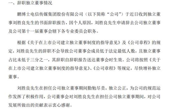 鹏博士独立董事刘胜良辞职 2018年薪酬11万元