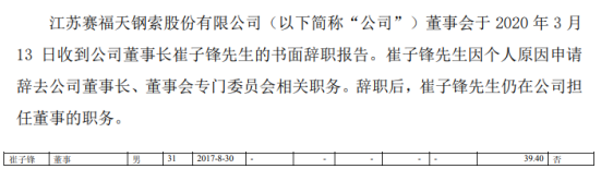 赛福天董事长崔子锋辞职 2018年薪酬为39万元