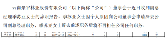 ST景谷副总经理季苏亚辞职 2018年薪酬为12万元
