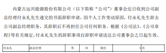 远兴能源副总经理付永礼辞职 2018年薪酬为3万元
