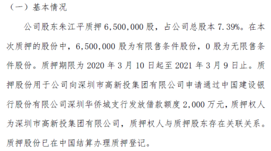 富泰和控股股东朱江平质押650万股 用于申请借款2000万元