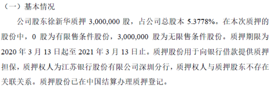 百事泰控股股东徐新华质押300万股 用于借款提供质押担保