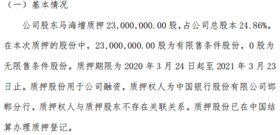 康远股份股东马海增质押2300万股 用于公司融资