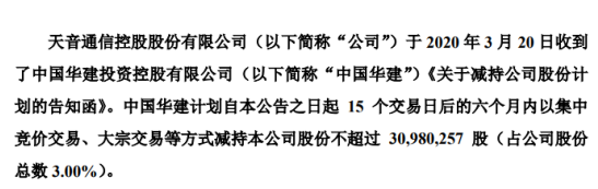 天音控股股东中国华建拟减持股份 预计减持不超总股本3%