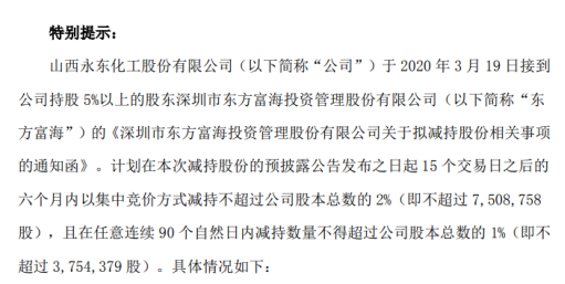 永东股份股东东方富海拟减持股份 预计减持不超总股本2%