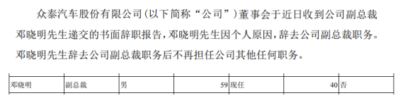 众泰汽车副总裁邓晓明辞职 2018年薪酬为40万元