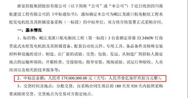 浙富控股收到工程《中标通知书》 中标总金额1.79亿元