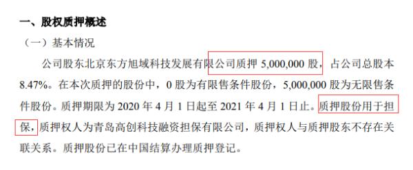 旭域股份控股股东旭域科技质押500万股 用于担保