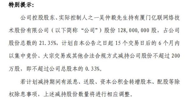 亿联网络实际控制人之一吴仲毅拟减持股份 预计减持不超总股本0.33%
