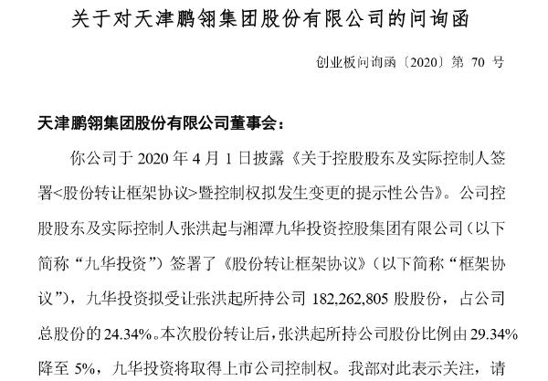 鹏翎股份引入国有资本 实控人变更收深交所问询函