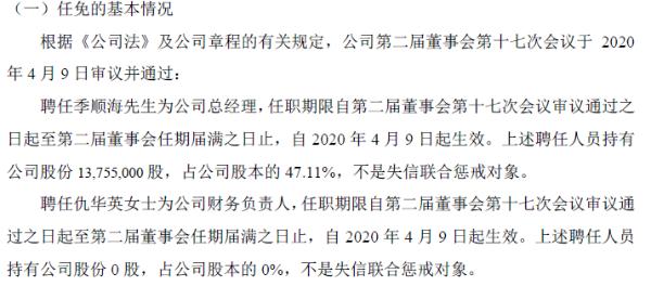 星月科技聘任季顺海为总经理 持有公司47.11%股份