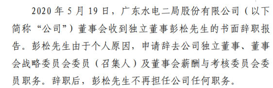 粤水电独立董事彭松辞职 2019年薪酬为7.5万元