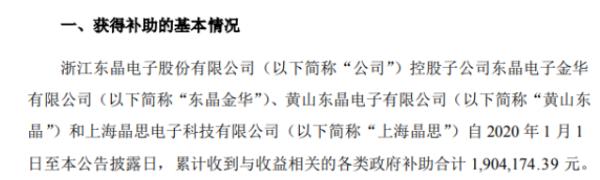 东晶电子控股子公司自2020年以来累计收到政府补助190.42万元