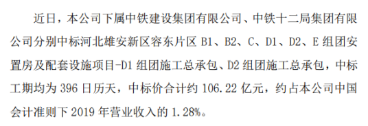 中国铁建中标施工总承包合同 中标价合计约106.22亿元