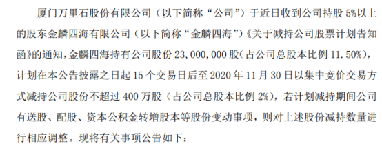 万里石股东金麟四海拟减持股份 预计减持不超总股本2%