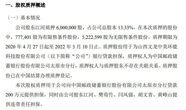 文龙中美控股股东质押600万股 用于银行贷款担保