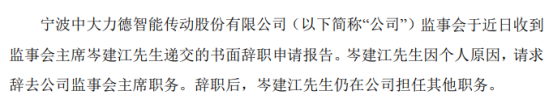 中大力德监事会主席岑建江辞职 2019年薪酬为21.94万元