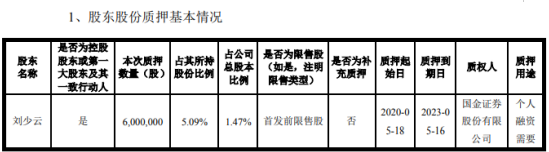 侨银环保股东刘少云质押600万股 用于个人融资需要