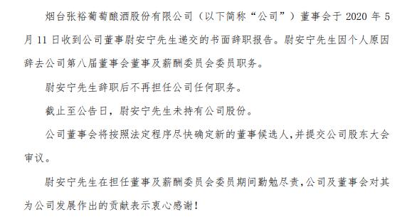 张裕Ａ董事尉安宁辞职 未持有公司股份
