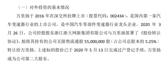 浙大网新拟择机购买万里扬不超5%的股份 使用自有资金5亿元