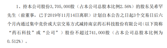 药石科技股东吴希罕拟减持股份 预计减持不超总股本0.51%