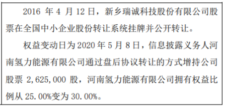 瑞诚科技股东增持262.5万股 权益变动后持股比例为30%