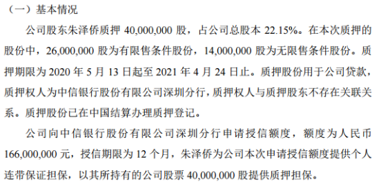 超能国际控股股东质押4000万股 用于贷款1.66亿元