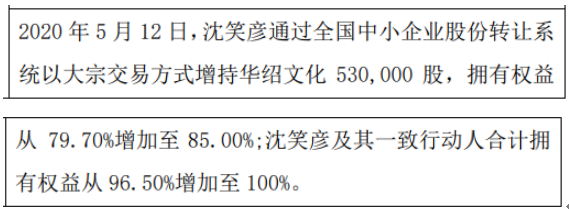 华绍文化股东沈笑彦增持53万股 权益变动后持股比例为85%