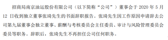招商南油独立董事张琦辞职 因工作原因