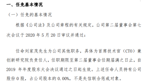 紫越科技任命刘家茂为首席技术官（CTO） 不持有公司股份