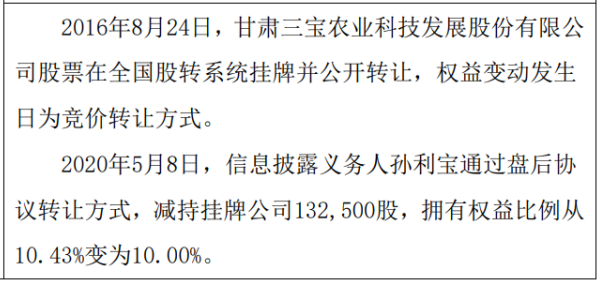 三宝农业股东孙利宝减持13.25万股 权益变动后持股比例为10%