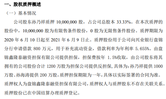 科宇股份2名股东合计质押1200万股 用于补充流动资金