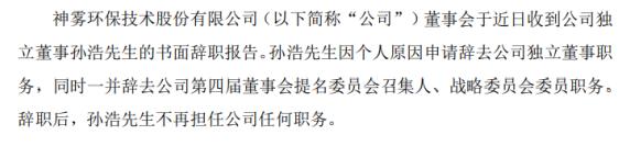 神雾环保独立董事孙浩辞职 因个人原因